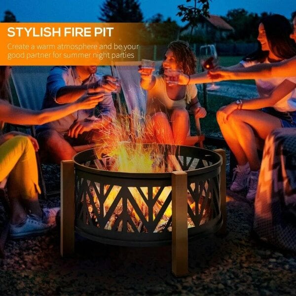 Bobobiy Metal Large Firepit Bowl Outdoor 2-In-1 Round Fire Pit Brazier with Lid, BBQ Grill, Poker for Backyard, 78 x 60cm, Black, 78 x 78 x 60cm