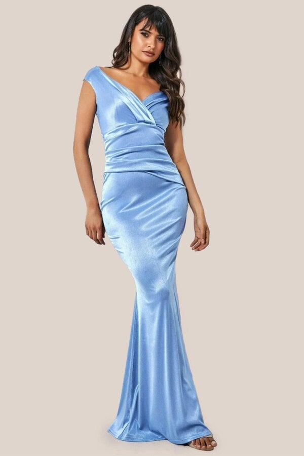 Goddiva Satin Off The Shoulder Maxi Dress - Dusty Blue by Goddiva