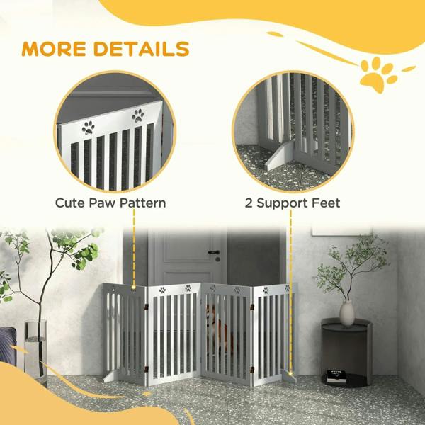 Grey wooden pet gate with paw pattern top and two support feet for freestanding use