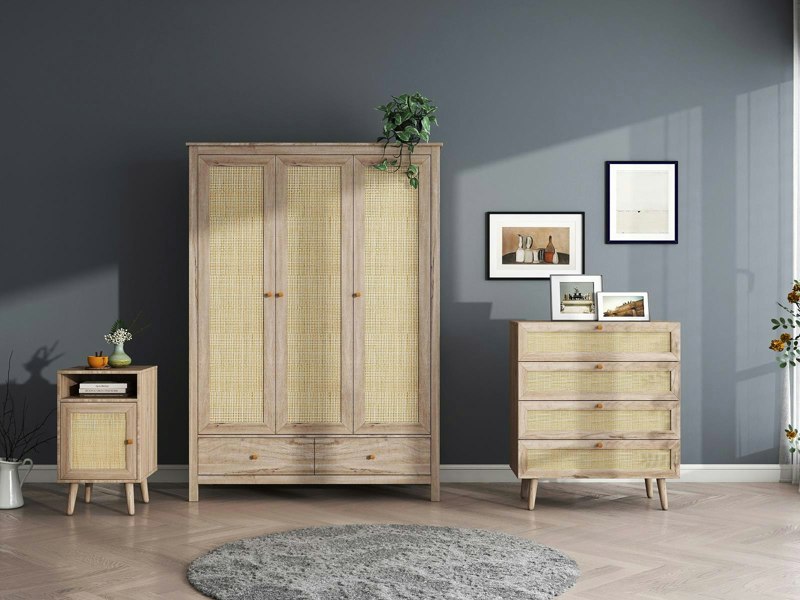 Swish Furniture Willow Rattan 3 Piece Bedroom Set with 3 Door Wardrobe, Bedside Table & Chest of 4 Drawers
