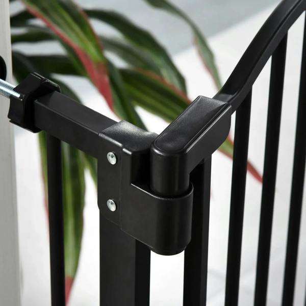Black gate hinge and locking knob with metal screws