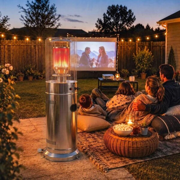 Bobobiy Gas Patio Heater, 13 kW Stainless Steel Portable Propane Outdoor Heater with Pulse Ignition, Tip-over Protection, Silver