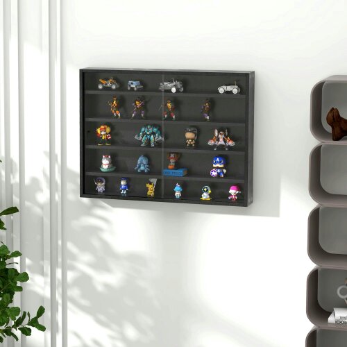 Wyld Haus Velura Wood And Glass Black 5 Tier Wall Display Cabinet With Adjustable Shelves 60 x 80 cm
