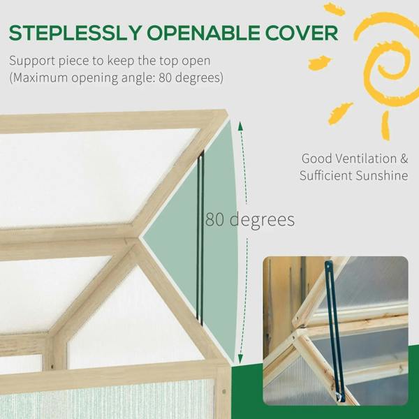 Cold frame greenhouse with openable polycarbonate lid held by support arm