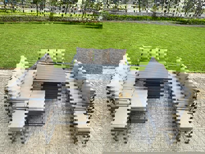 Fimous 12 Seater Aluminium Outdoor Patio Furniture Set with Adjustable Rising Dining Table 3 Footstools - Dark Grey