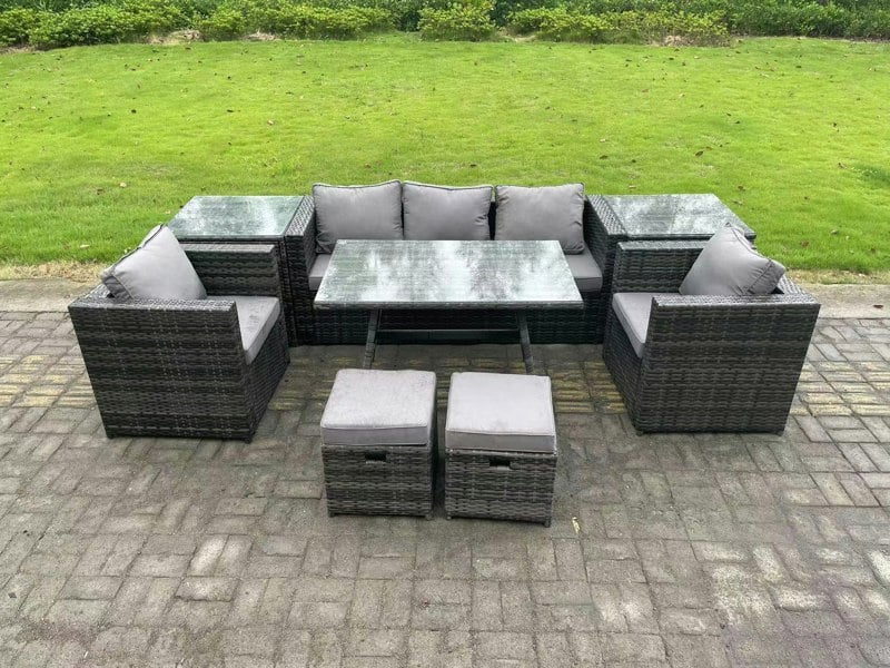 Fimous Rattan Outdoor Furniture Sofa Garden Dining Set with Dining Table 2 Armchairs 2 Side Tables Small Stools Dark Grey Mixed