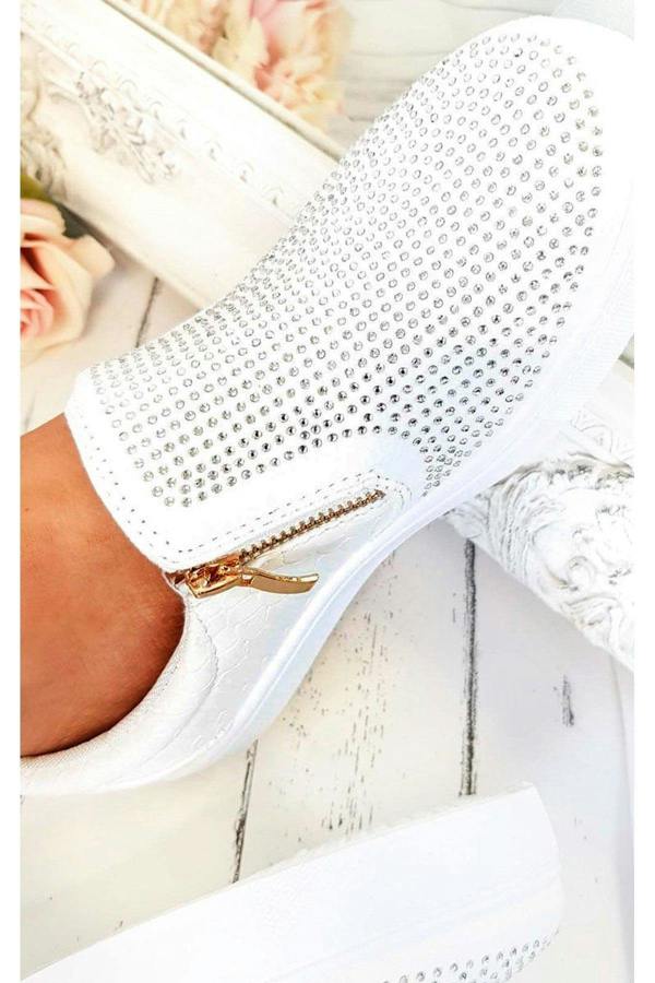 Leah Crystal Suede Zip Pumps Trainers - White