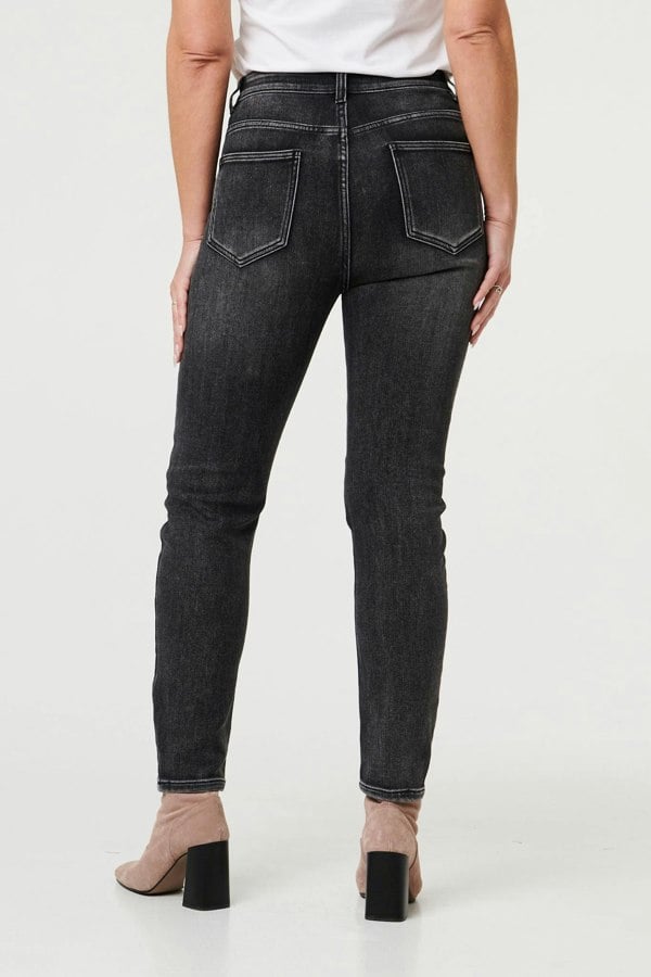 Black | High Waist Washed Texture Slim Jeans
