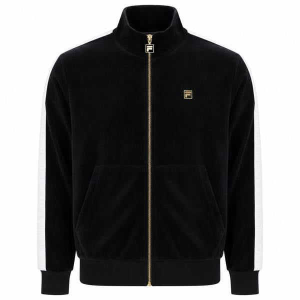 Fila Gold Bosco black velour track jacket with a full gold zip, high collar, and white side stripes.