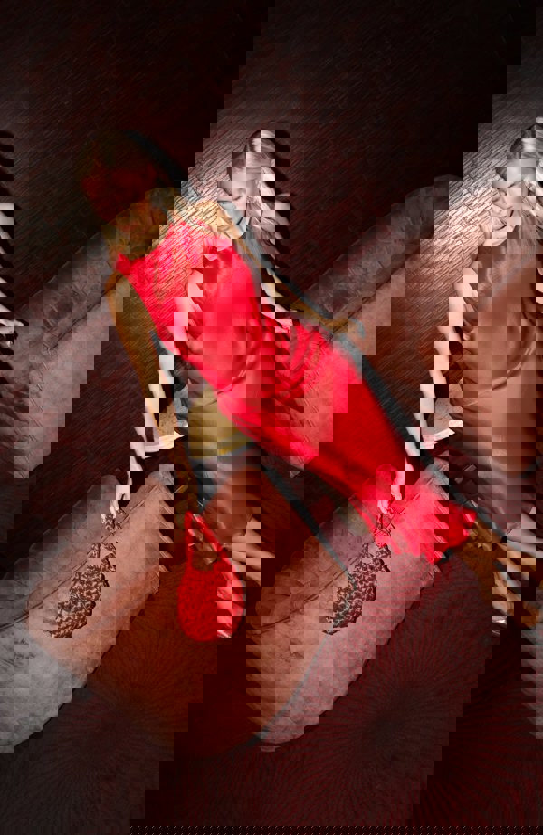 Rewritten London Paris Midi Dress in Red Satin