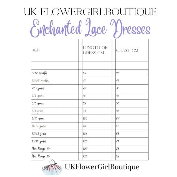 Measurement chart for Enchanted Lace Dresses by UK Flower Girl Boutique on a white background