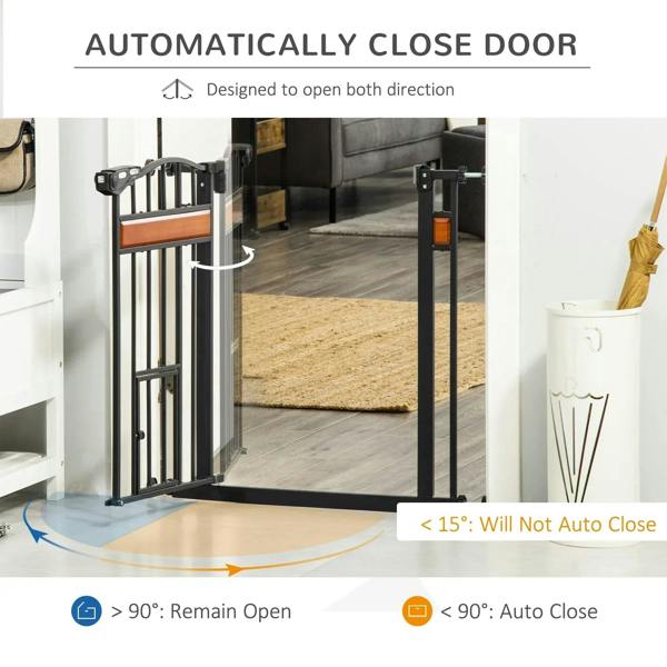 Black pet safety gate with auto-close feature, installed at doorway with flow arrows