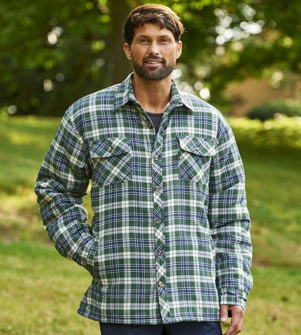 Pennine Sherpa shirt in green check, fleece-lined and buttoned, a warm outer layer for rural work and cold weather use
