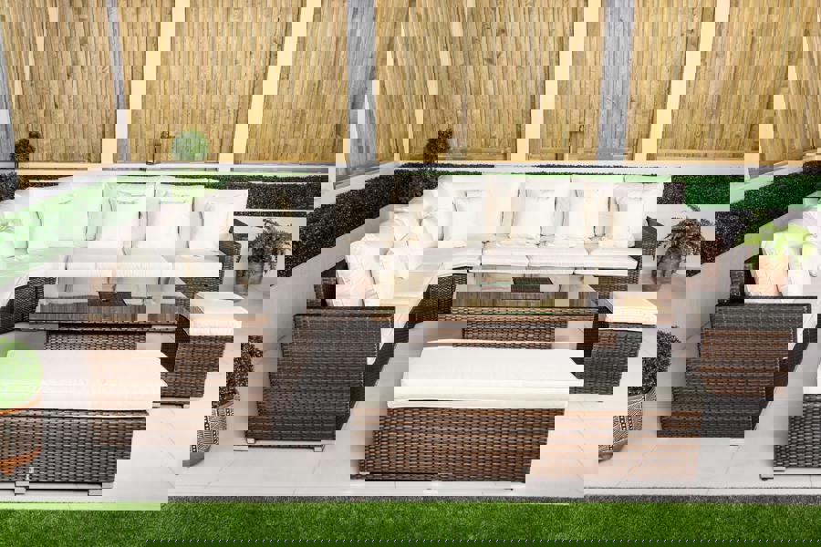 Giardino Santorini 6 Seat Modular Corner Sofa Rattan Garden Furniture Set Outdoor Adjustable Drinks Cooler Coffee Table & Bench