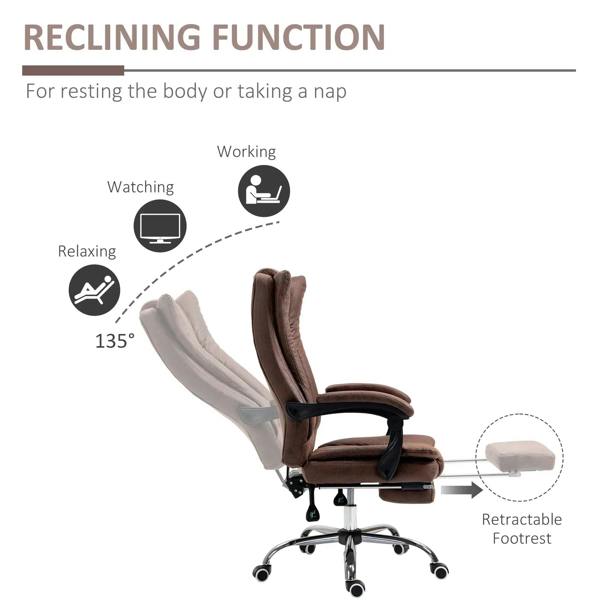 Brown reclining desk chair with retractable footrest and padded armrests