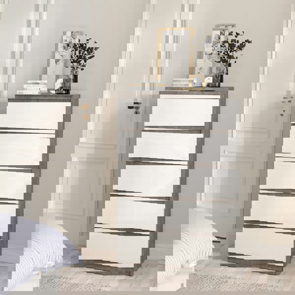 Furniture To Go Naia Chest of 5 Drawers in Concrete and White High Gloss