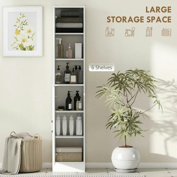 White tall bathroom cabinet with multiple shelves inside and door storage