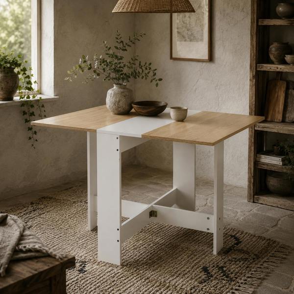 Wyld Haus Elma Wooden Oak And White Drop Leaf Dining Table For 4 To 6 People