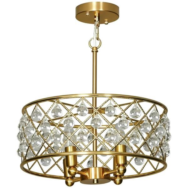 Gold-tone four-bulb chandelier with crystal lattice drum shade and ceiling canopy