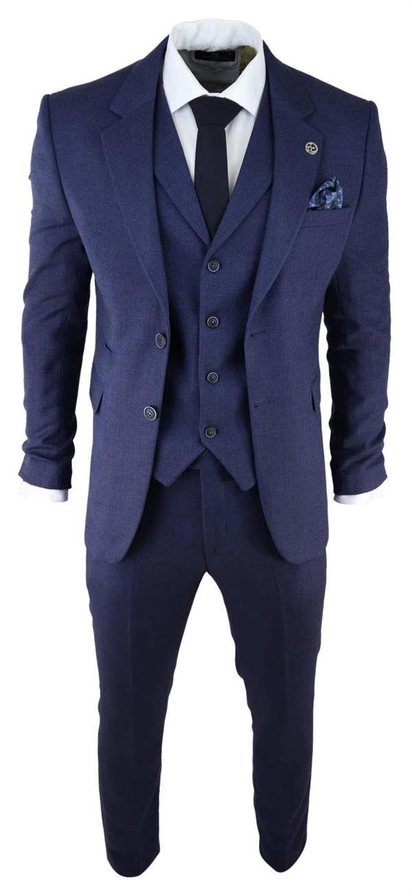 TruClothing Mens Navy Blue 3 Piece Tweed Herringbone Suit Peaky Blinders Classic Tailored