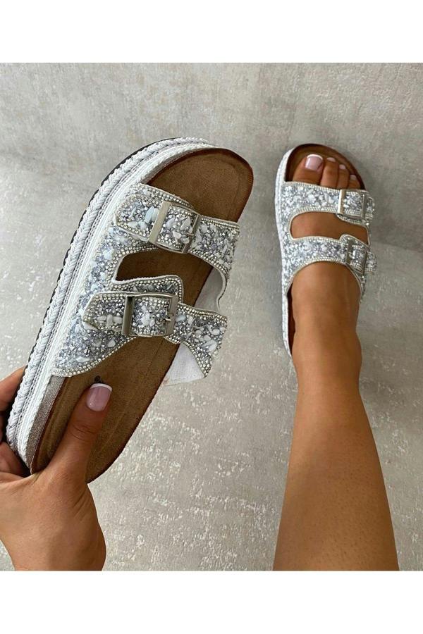 Remy Embellished Stone Double Buckle Platform Sandals - White