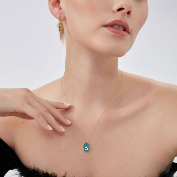 Spero London Authentic Turquoise Color Hamsa Hand Necklace Sterling Silver
