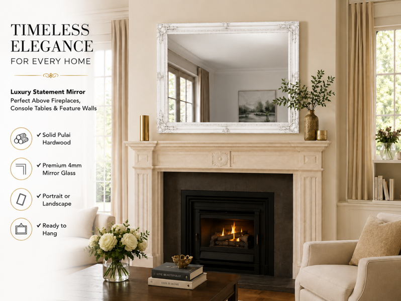 Downton Interiors Antique Style Extra Large White Wood Frame Wall Mirror 106cm x 75cm