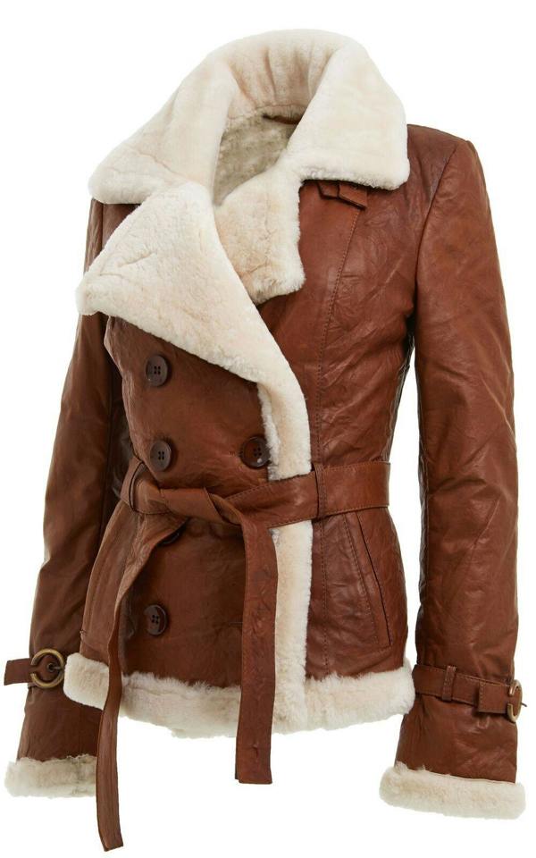 Infinity Leather Womens Tan Double Breasted Sheepskin Aviator Jacket-Leshan