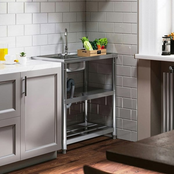 Stainless Steel One Compartment Sink with Shelves and Drainboard Living and Home