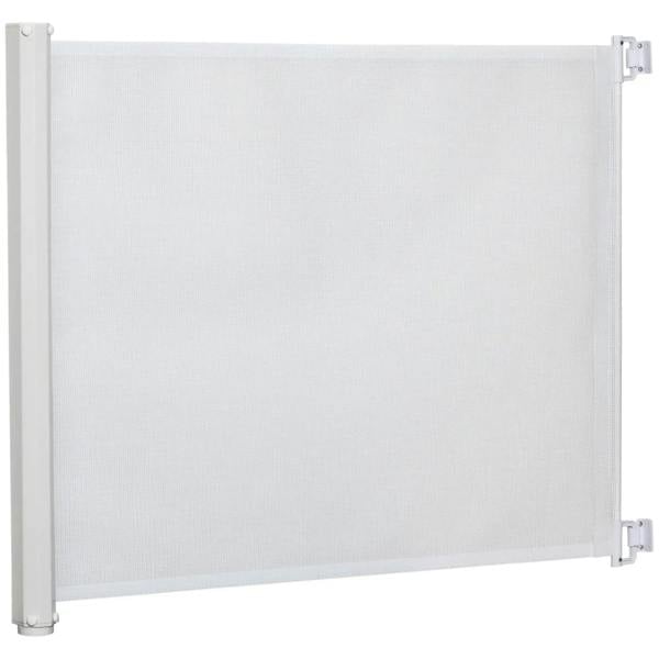 White retractable dog stair gate with mesh panel and side mounting brackets