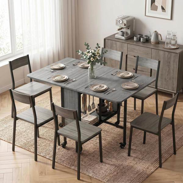 HOMCOM Mobile Drop Leaf Dining Table on Wheels with Storage Shelf - Grey