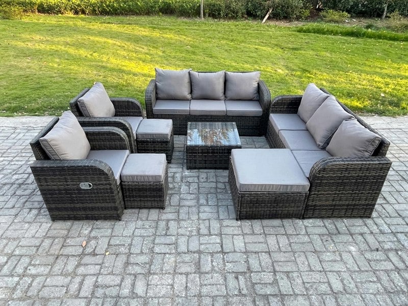 Fimous High Back Rattan Garden Furniture Set with Square Coffee Table 3 Footstools Indoor Outdoor Patio Lounge Sofa Set Dark Grey Mixed