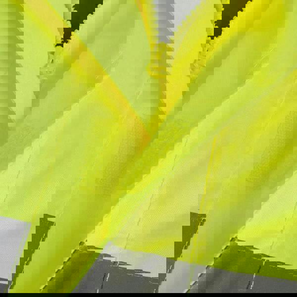 Scruffs High Visibility Mens Hi-Viz Waterproof Zip Up Jacket Coat, close-up of the bright yellow waterproof jacket's zipper and interior fabric, showing high visibility design and waterproof material.