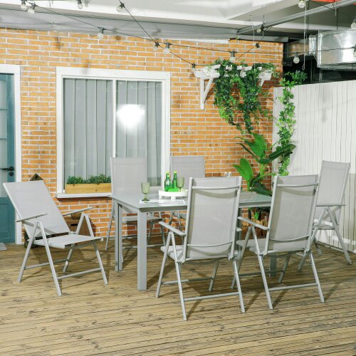 Wyld Haus Pasano 6 Seater Light Grey Garden Dining Set Outdoor Tempered Glass Top Table and Folding Mesh Chairs