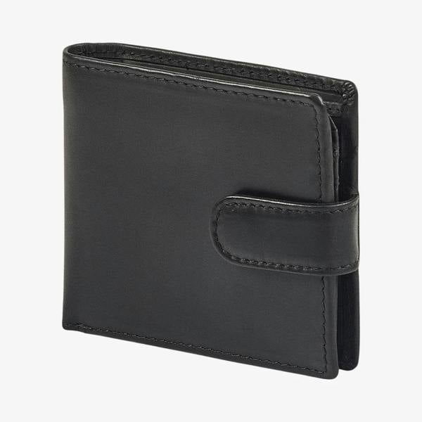 Black leather flap over wallet showing 8 card slots 