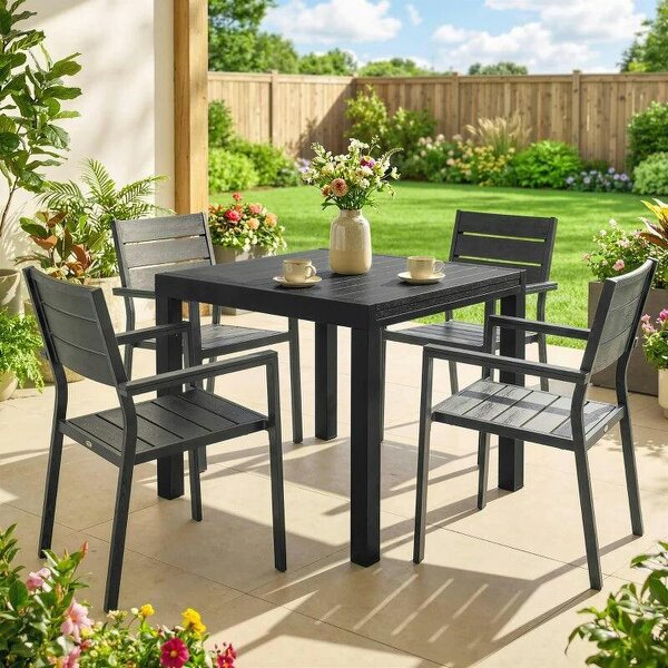Extending Garden Table for 4-6, Aluminium Outdoor Dining Table with Faux Wood Slatted Top, Black