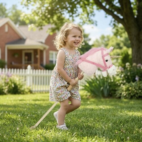 AIYAPLAY Stick Horse with Wood Wheels, 95 cm, Pink