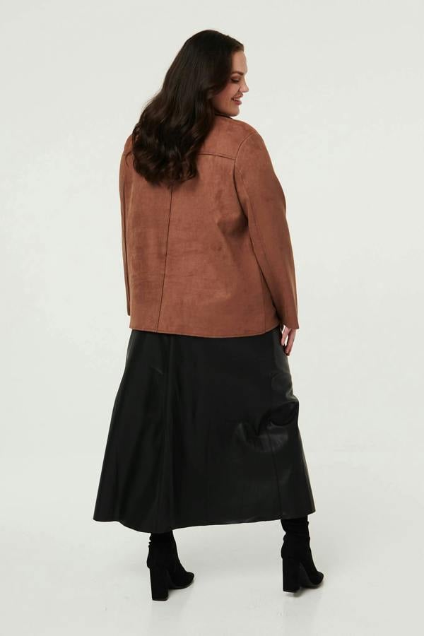 Brown| Curve Faux Suede Button Front Shirt Jacket