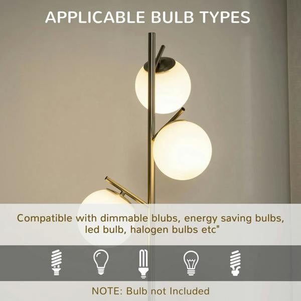 Silver floor lamp with three white globe shades and vertical metal pole