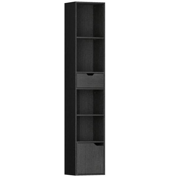 Tall narrow black bookcase with 6 shelves and a drawer