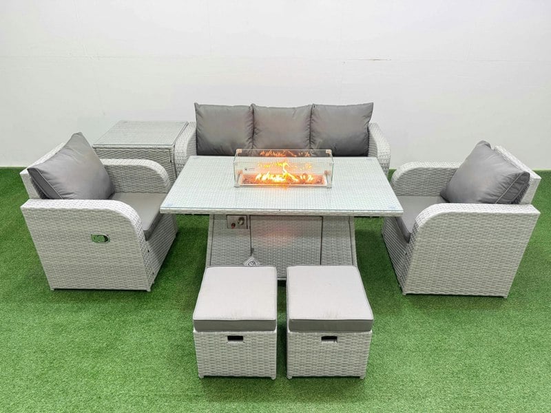 Fimous PE Rattan Garden Furniture Set Reclining Chair Sofa Lounge Sofa Set Fire Pit Dining Table Side Table 2 Small Stools Light Grey