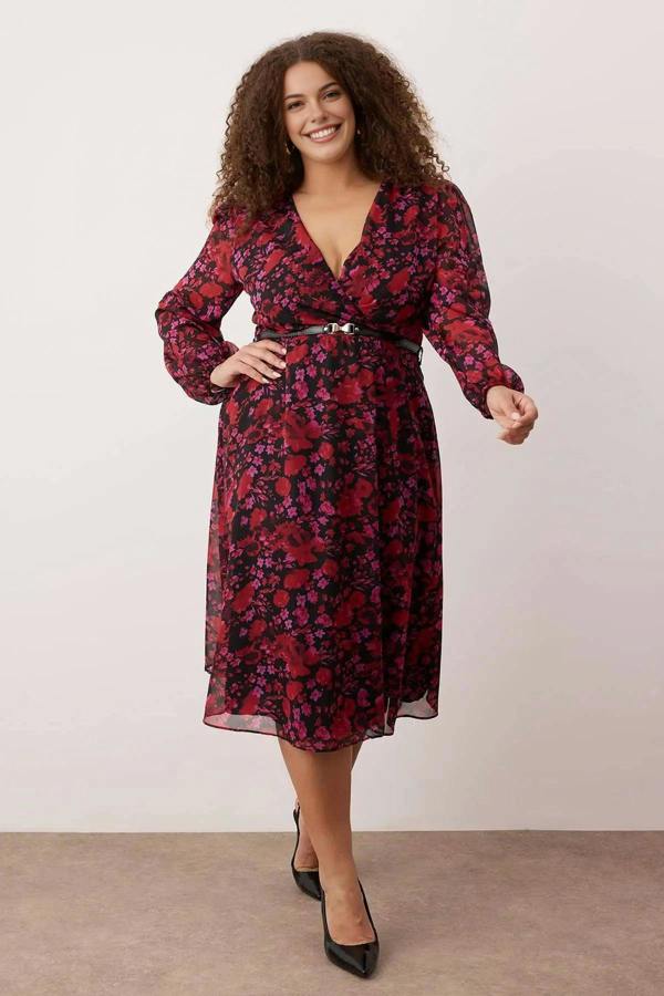 WOVCOR Belted A-Line Midi Wrap Neckline Patterned Chiffon Woven Dress