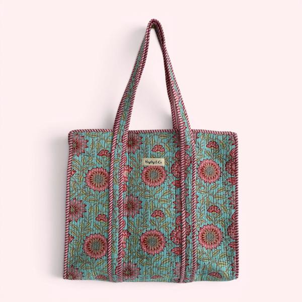 Hayley & Co Blue and Pink Floral Quilted Cotton Tote Bag