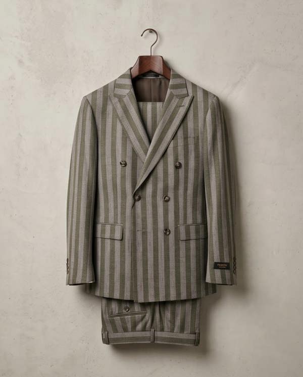 A double-breasted suit jacket and matching trousers in a gray and beige vertically striped linen fabric, hanging on a wooden hanger against a textured beige wall.
