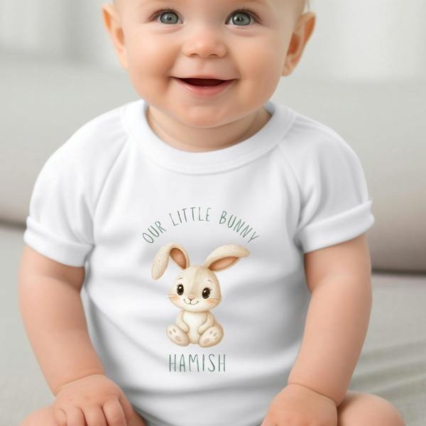 Personalised Little Bunny Baby Grow, Vest or Bib with Name
