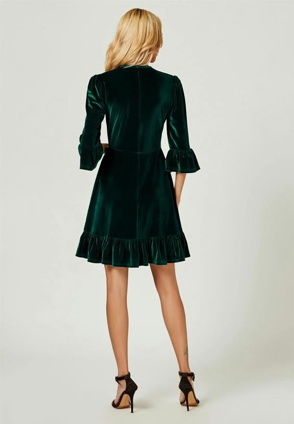 FS Collection Velvet Frill Detail Mini Dress In Green