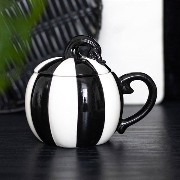 Serano Black and White Striped Pumpkin Lidded Mug