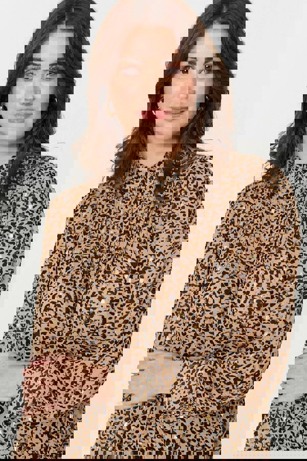 Beige | Animal Print High Neck Loose Fit Blouse
