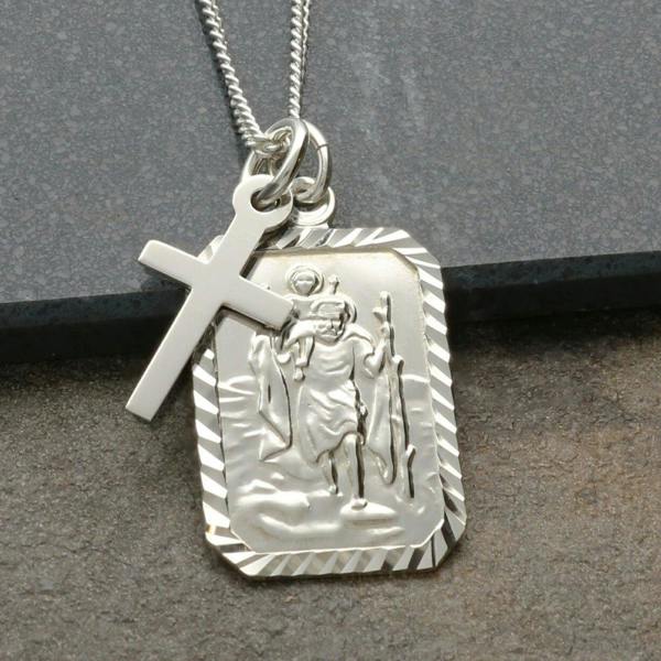 Christopher James of London Sterling Silver Diamond Cut Rectangle St Christopher Pendant With Cross, Optional Engraving and Chain
