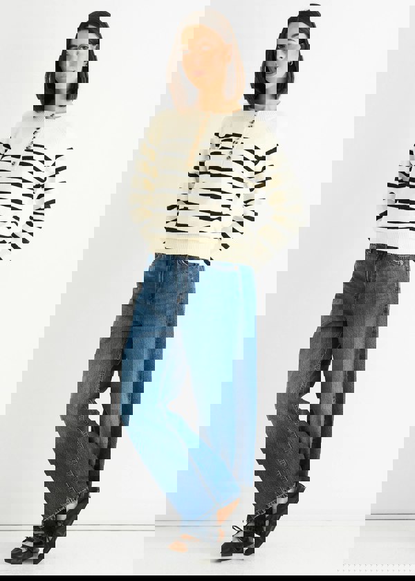 Gini London Cream Recycle Stripe Button Up Loose Fit Knit Jumper